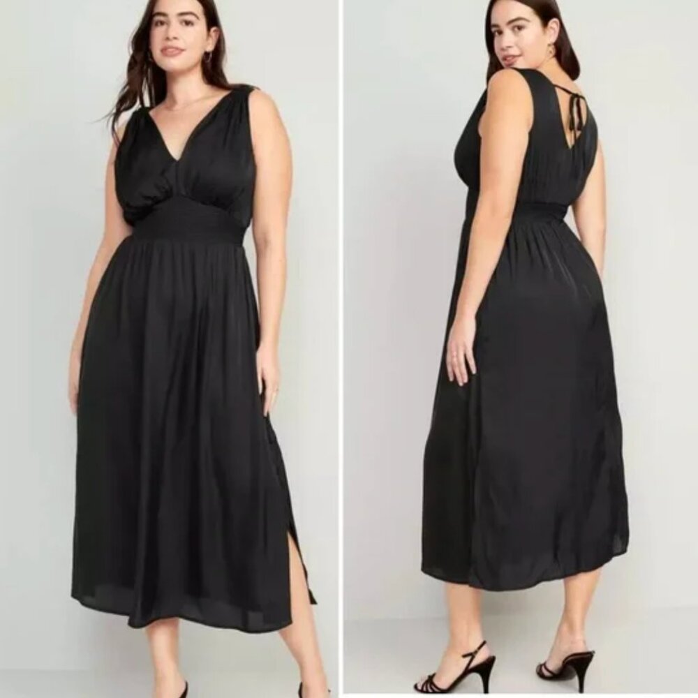 Old Navy Waist-Defined Tie-Back Satin Fit & Flare Black Maxi Dress Size XXL NWT